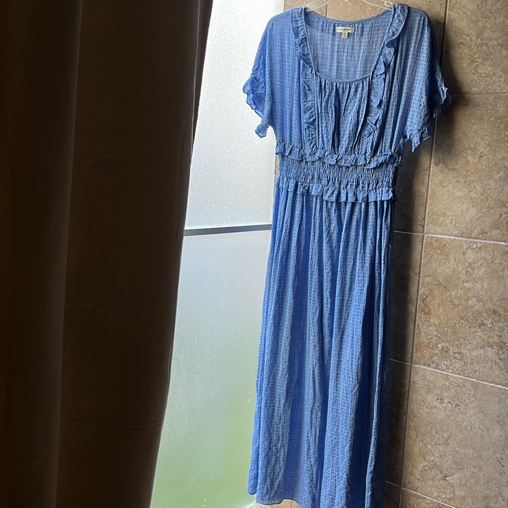 Max Studio Blue Ruffled Smocked Waist Maxi Dress